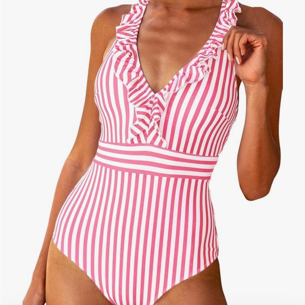 NEW Cupshe Women's One Piece Swimsuit V Neck Ruffled Back Cross - Medium